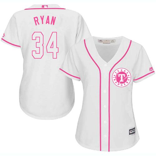 Rangers #34 Nolan Ryan White/Pink Fashion Women's Stitched MLB Jersey